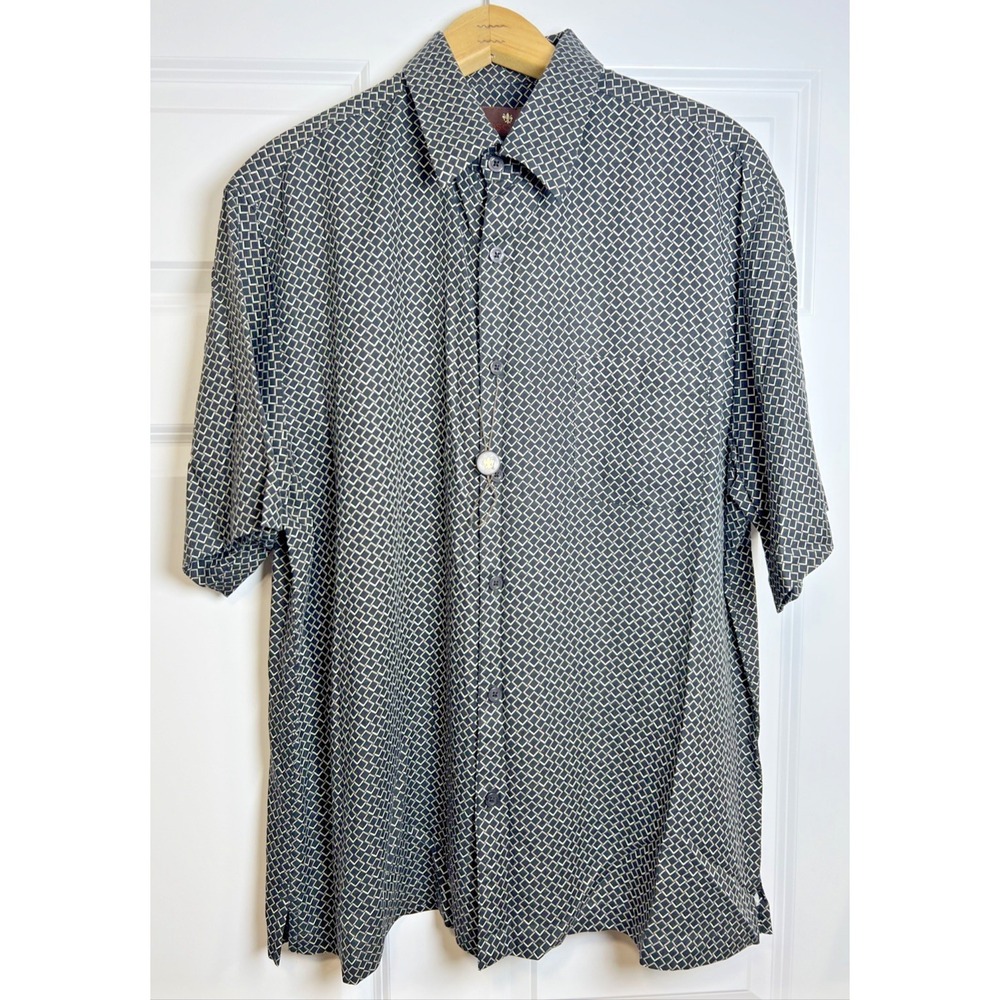 Toscano Silk Rayon Jacquard Shirt Men's Large Geometric Fleur‑de‑Lis NWOT